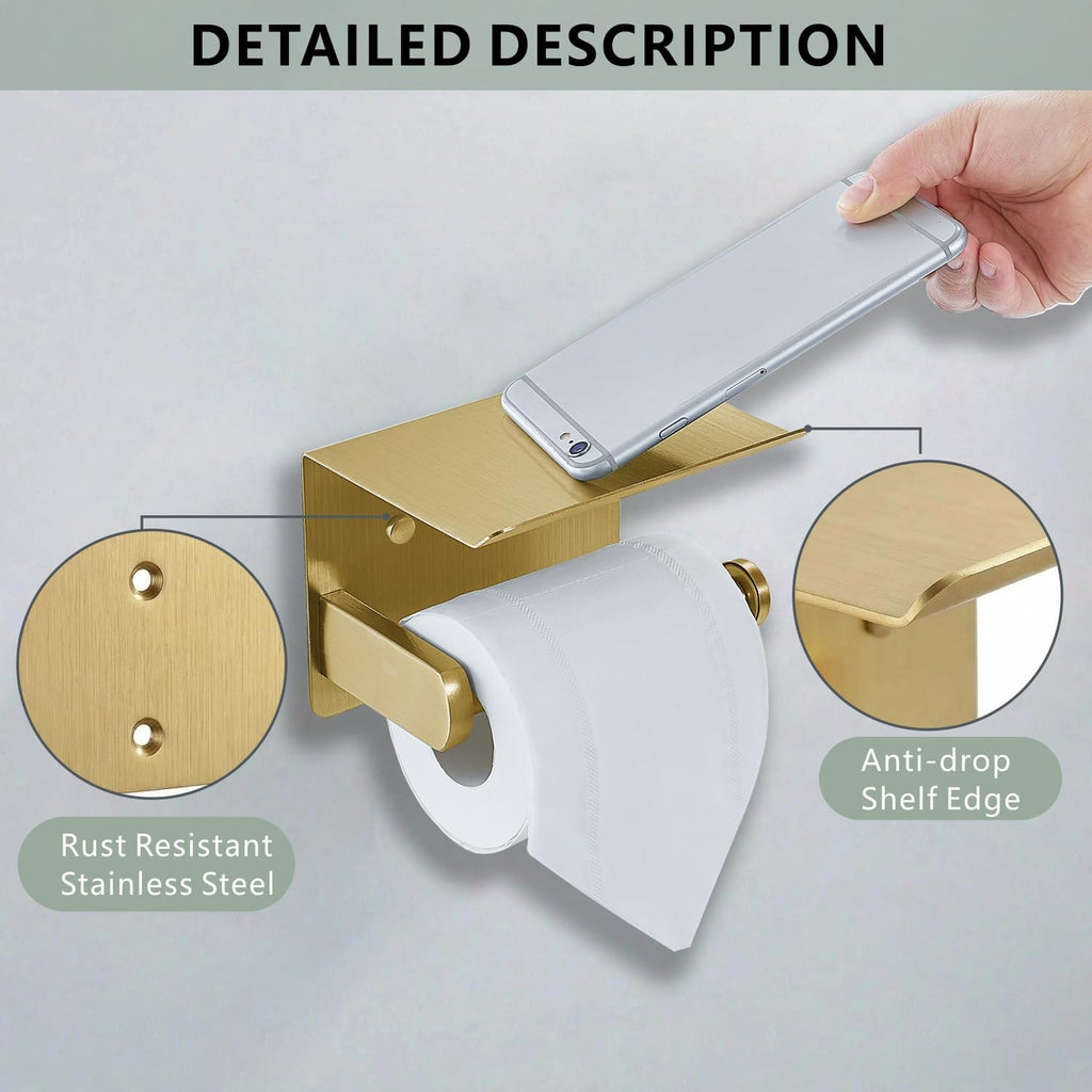 Toilet Paper Holder with Shelf, Heavy-Duty Stainless Steel Bathroom Hardware, Self-Adhesive No-Drill/Drill-Mount Wall-Mounted Roll Holder, Rust-Proof Bathroom Tissue Rack (Gold)