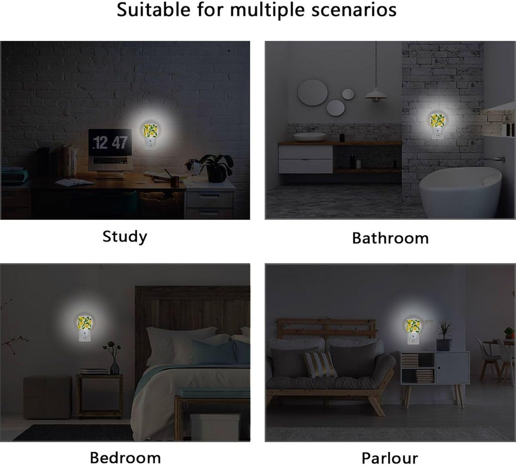 ALAZA 2 Pack Lemon Fruit Leaves Watercolor LED Night Light Dusk to Dawn Sensor Plug in Night Home Decor Desk Lamp for Adult