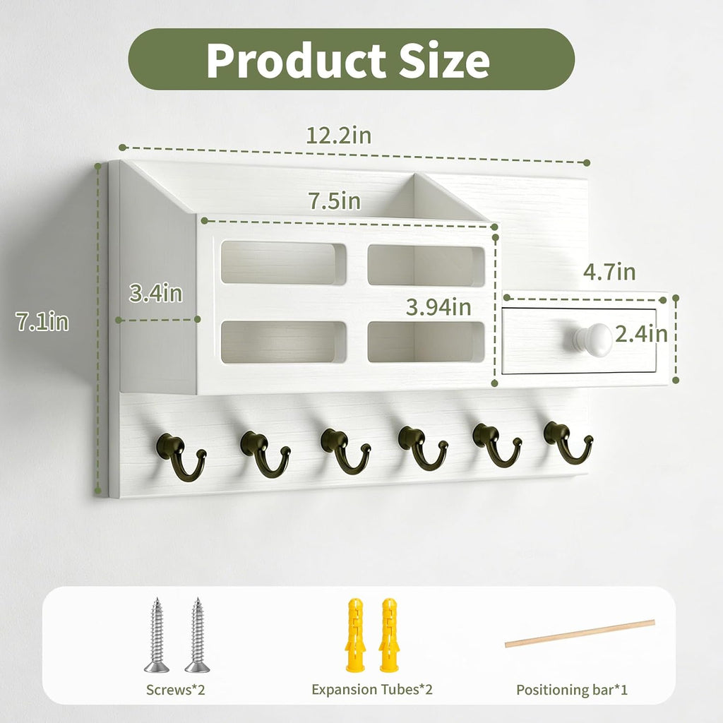 White Key and Mail Holder for Wall with 6 Hooks and Storage Drawer Drawer & Mail Storage Compartment, 2 Installation Options, Space‑Saving for Entryway, Hallway & Mudroom