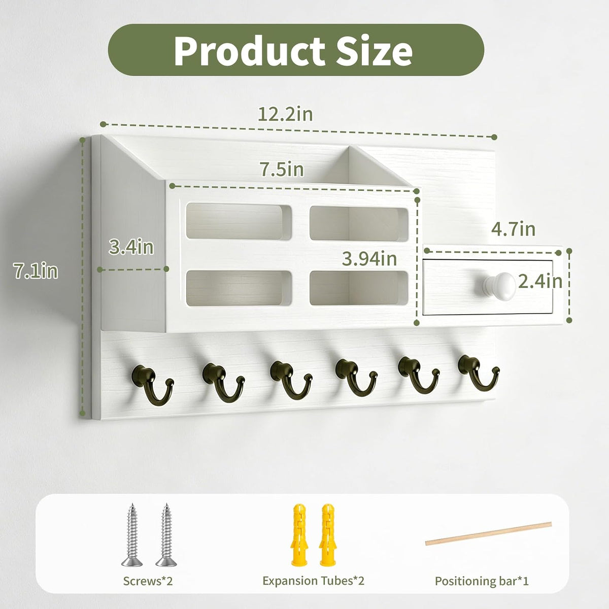 White Key and Mail Holder for Wall with 6 Hooks and Storage Drawer Drawer & Mail Storage Compartment, 2 Installation Options, Space‑Saving for Entryway, Hallway & Mudroom