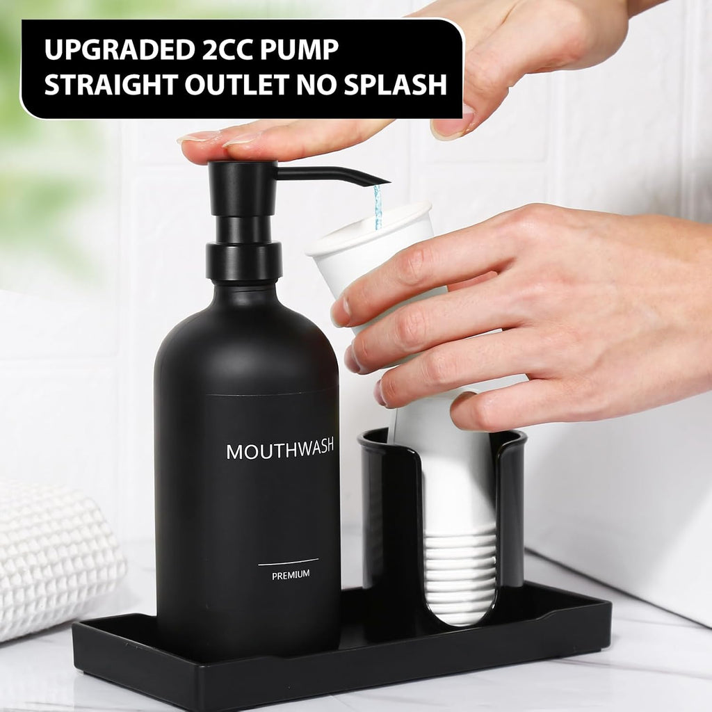 Mouthwash Dispenser for Bathroom, Glass Mouth Wash Pump Dispenser with Cup Holder, 17 Fl Oz Mouthwash Bottle Decanter with Tray, Refillable Mouthwash Dispenser Container (Matte Black)