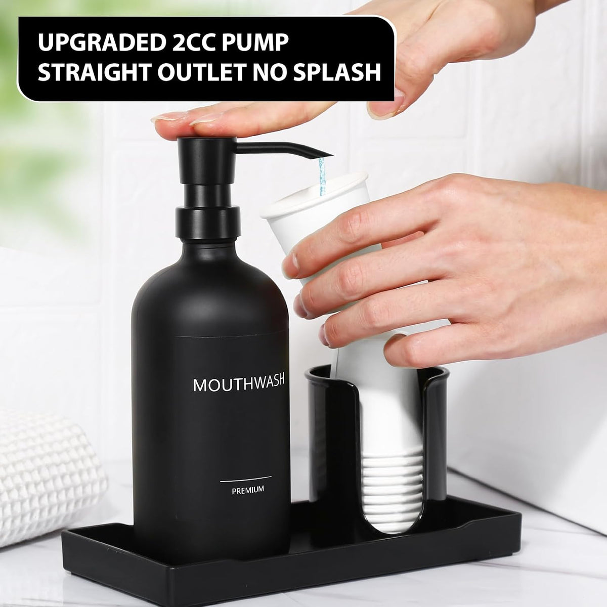 Mouthwash Dispenser for Bathroom, Glass Mouth Wash Pump Dispenser with Cup Holder, 17 Fl Oz Mouthwash Bottle Decanter with Tray, Refillable Mouthwash Dispenser Container (Matte Black)