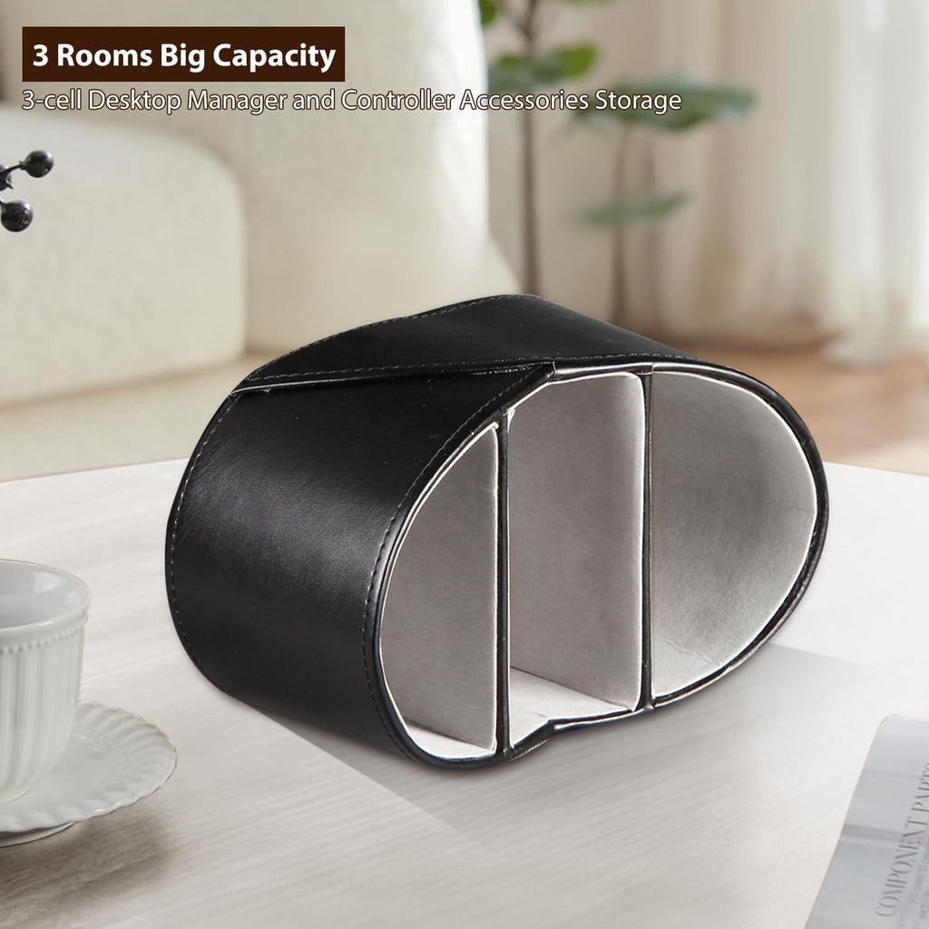 PU Leather TV Remote Control Holder with 3 Compartments, Bedside Table Remotes Caddy, Office Desk Accessories and Workspace Organizers, Storage Box to Store Pen, Controllers, Media Player, Cosmetics