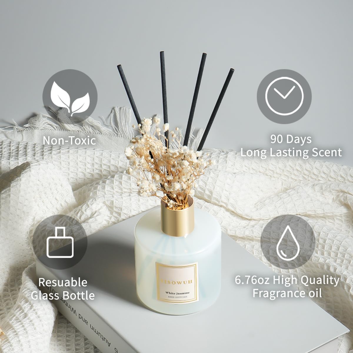 Diffusers for Home 6.76 fl oz（200ml）, YISOWUH White Jasmine Reed Diffuser Set Oil Diffusers with 8 Reed Sticks, Long Lasting Fragrance for Home Decor, Bathroom, Bedroom, Gifts