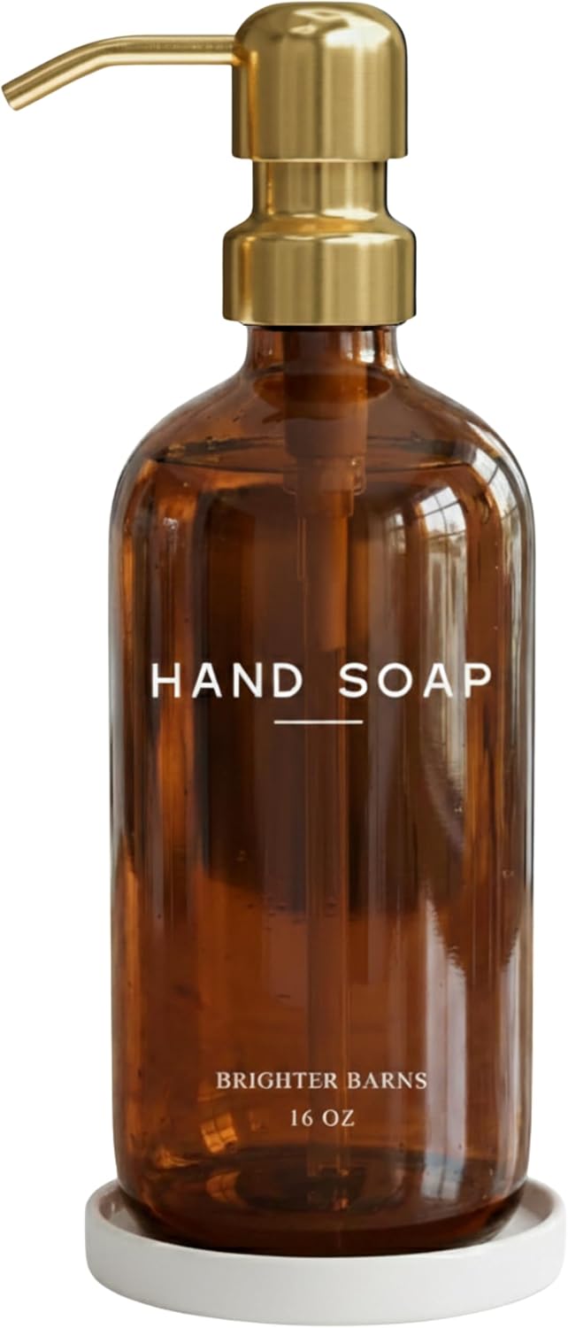 Luxury Glass Hand Soap Dispenser Bathroom Set by Brighter Barns - Refillable Liquid Hand Soap Dispenser Set for Kitchen - Gold Bathroom Decor and Accessories for Spa, Office, Hotel, Gifts (Amber/Gold)