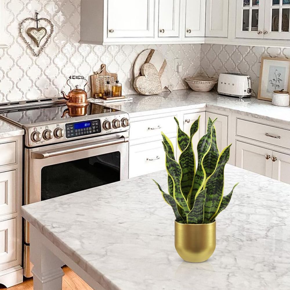 Hollyone Artificial Snake Plant Potted Faux Sansevieria Trifasciata Plants, 16.9" Tropical Mother in Law Tongue Fake Plants in Metal Gold Pots for Home Office Room Indoor Decor Housewarming Gifts