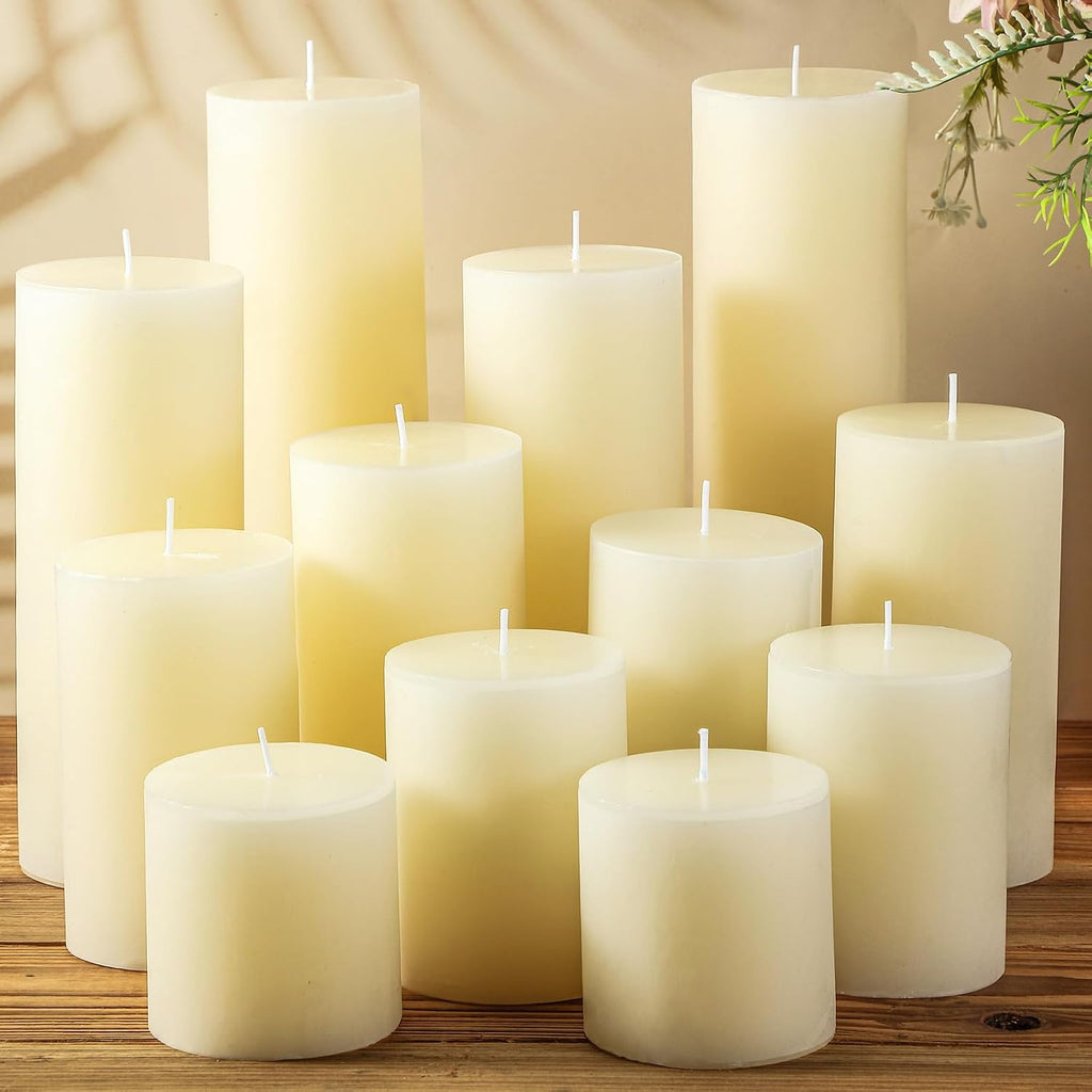 Shihanee 12 Pcs Pillar Candles Bulk Set Unscented Dripless,Ivory White