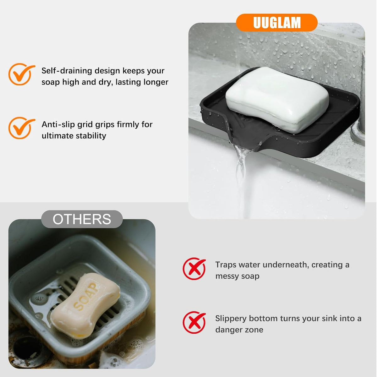 2 Pack Silicone Soap Dish, Self Draining Soap Dish 4.7"×3.9" Black