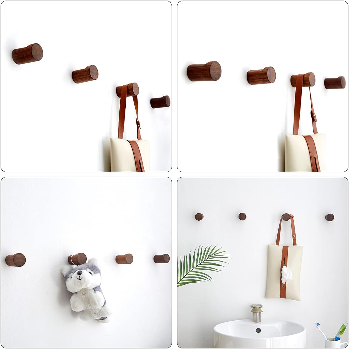 COCOYA Wood Hooks Wall Mounted Minimalist Walnut Knob Shape (4 Pack)