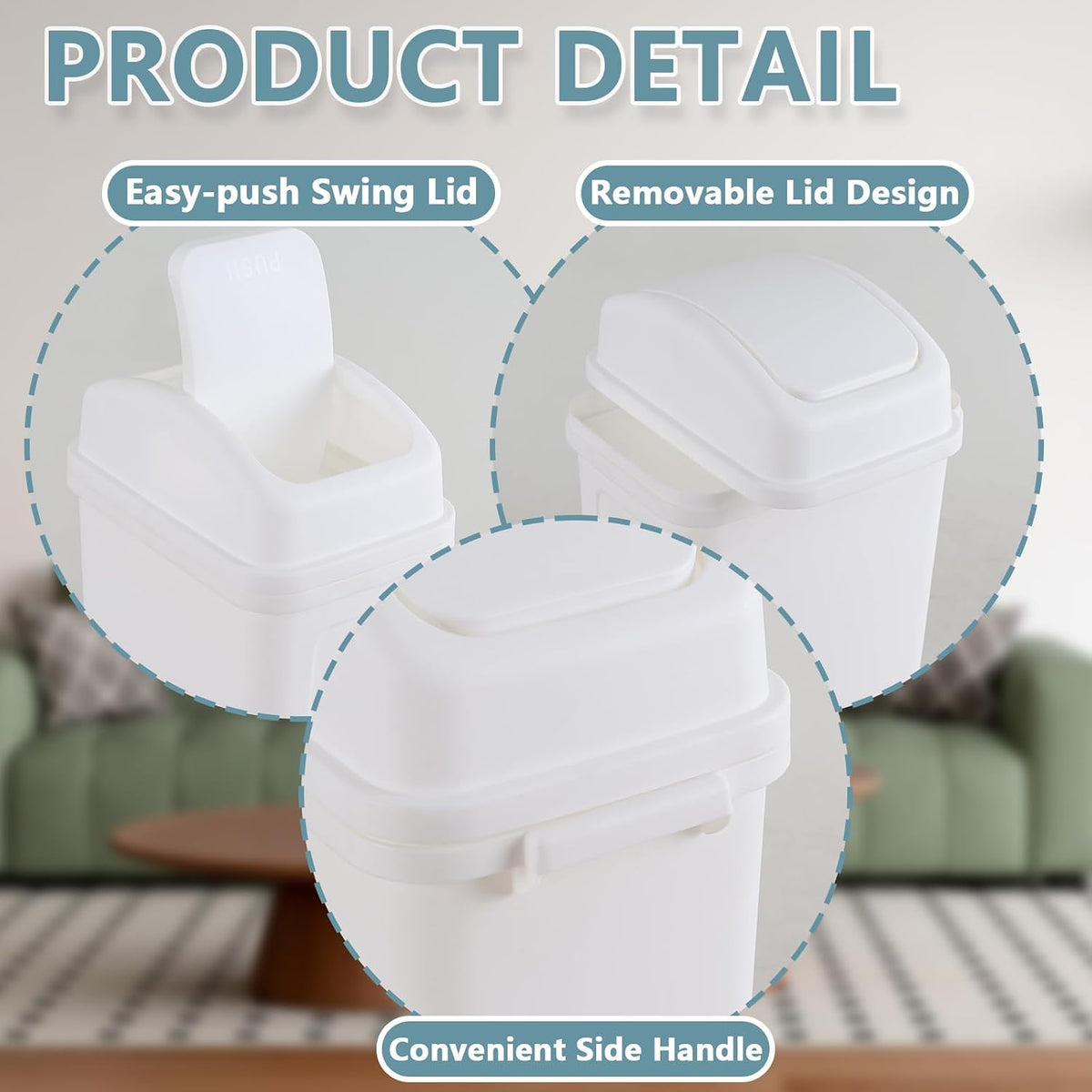 1.8 Gallon Swing Top Lid Trash Can, Small Plastic Garbage Can, White
