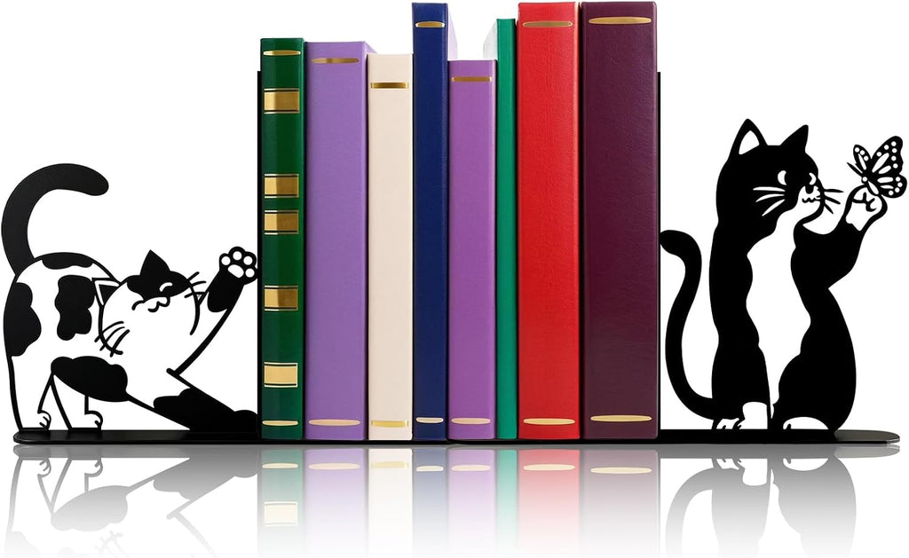 Cute Cat Bookends Metal Black Cat Book Ends for Shelves Bookshelf Decorative Accessories Home Office Desk Bookshelf Decor Cat Lover Gifts for Women