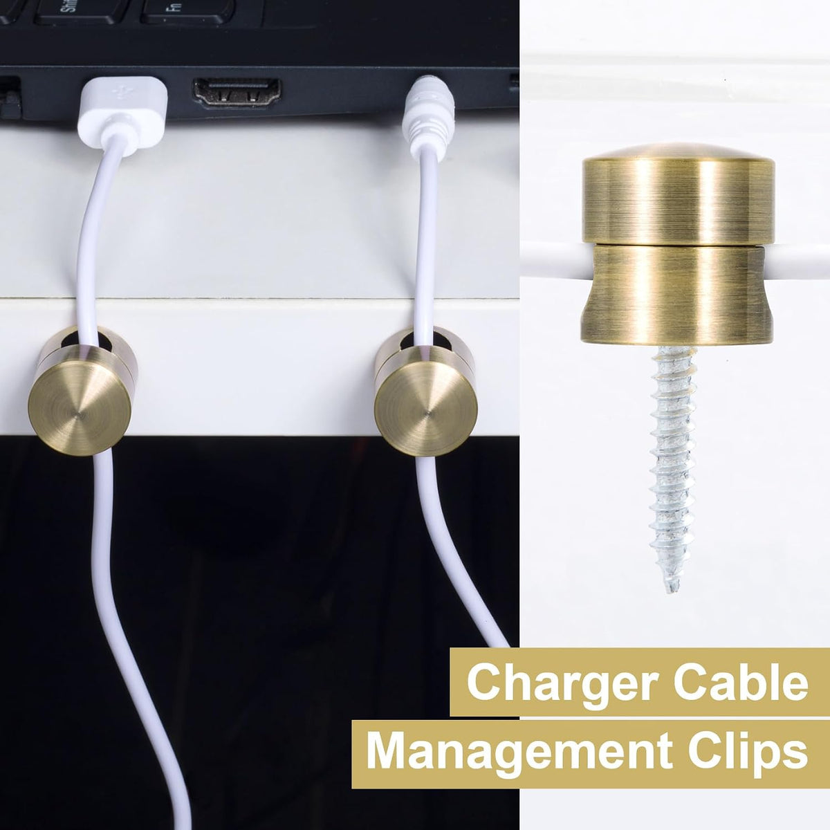 3 Sets Charger Cord Holders, Adjustable Metal Cable Cord Management Clips, Adhesive Nightstand Phone Wire Organizers for Office, Desk, Home - Antique Copper