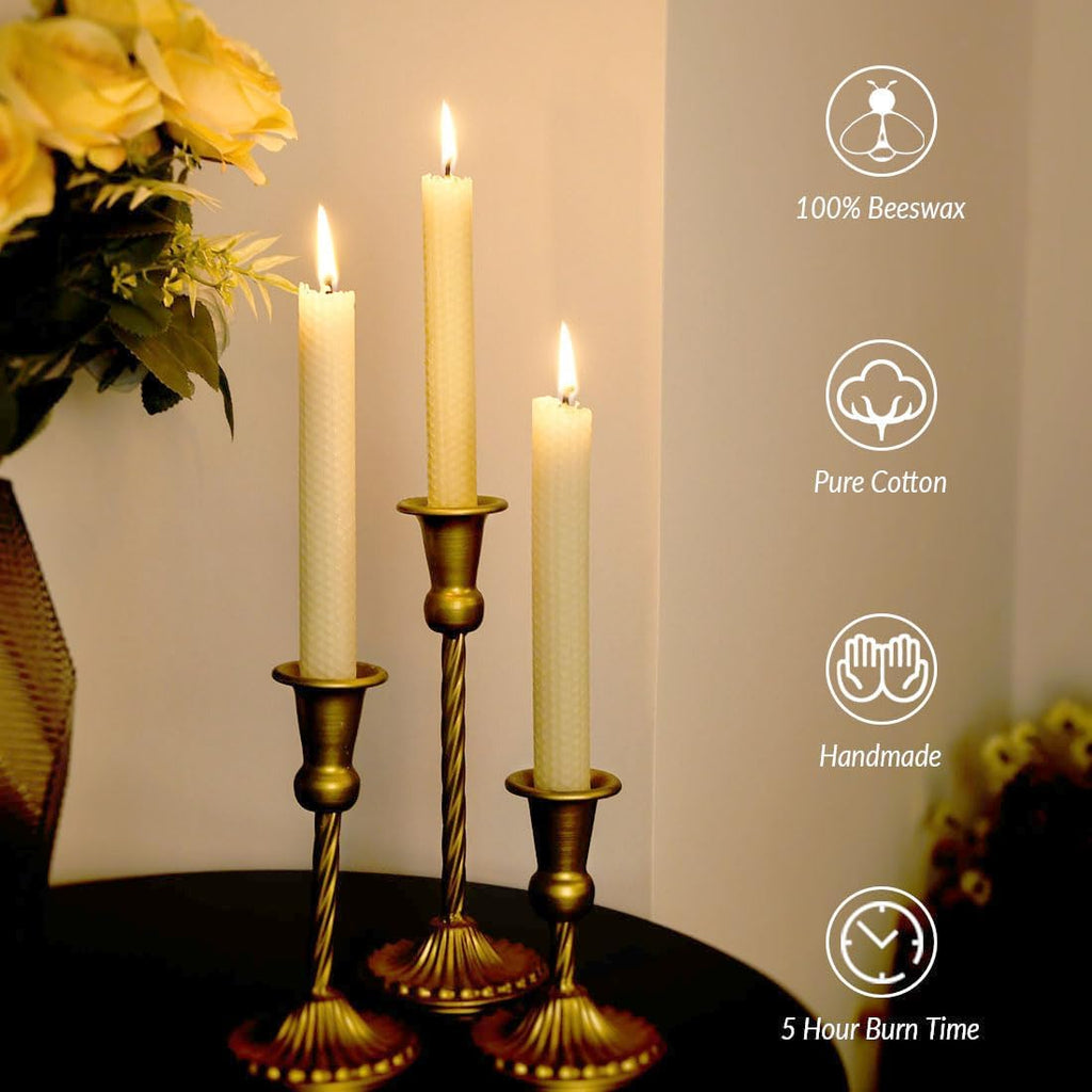 TELOSMA Hand Rolled Beeswax Taper Candles, Off White, 8 Inch, 4 Pack