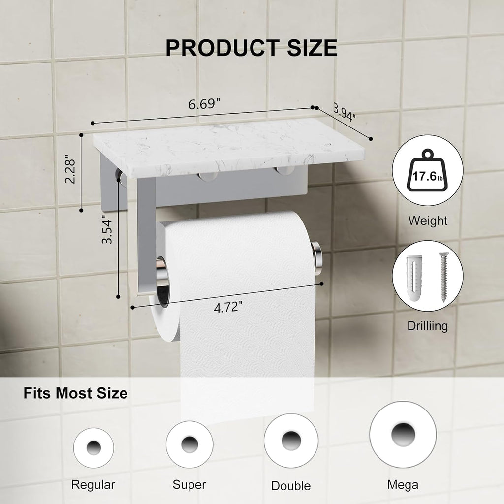 Chrome Toilet Paper Holder with Marble Shelf Tissue Roll Holder