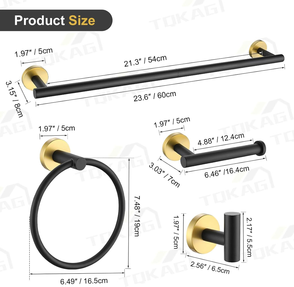 TQKAG Black and Gold Bathroom Hardware Set, 6-Piece Towel Bar Set 23.6 Inch