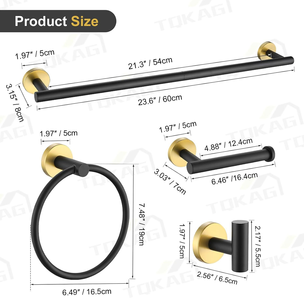 TQKAG Black and Gold Bathroom Hardware Set, 6-Piece Towel Bar Set 23.6 Inch