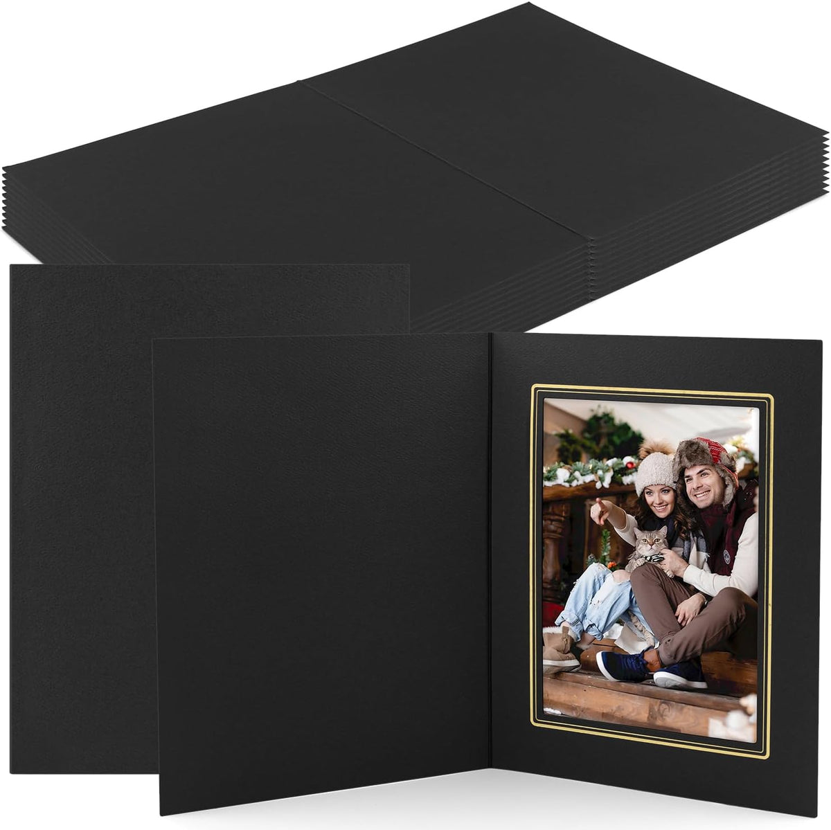 Golden State Art, Pack of 10, 5x7 Photo Folders, Cardboard Picture Frame, Paper Frame Cards, Greetings/Invitation Special Events: Graduation, Christmas (Black with Gold Lining)