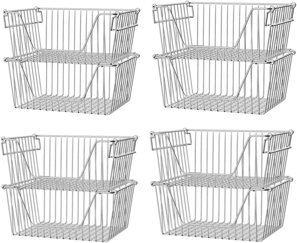 Slideep 14" Large Stackable Storage Baskets, Cabinet Organizer Sturdy Metal Wire Pantry Freezer Bin for Pantry Home Bathroom Kitchen Organization - Set of 8
