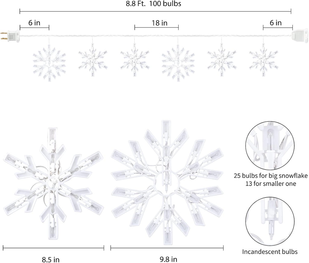 Christmas Snowflake Icicle String Lights with 6 Drops - 9ft Snowflake Window Lights with 100 Mini Bulbs, Plug-in Connectable Curtain Hanging Lights for Christmas Home Indoor Outdoor Holiday Decor