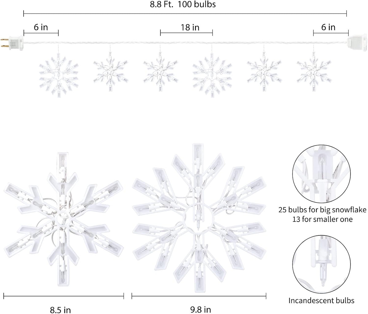 Christmas Snowflake Icicle String Lights with 6 Drops - 9ft Snowflake Window Lights with 100 Mini Bulbs, Plug-in Connectable Curtain Hanging Lights for Christmas Home Indoor Outdoor Holiday Decor
