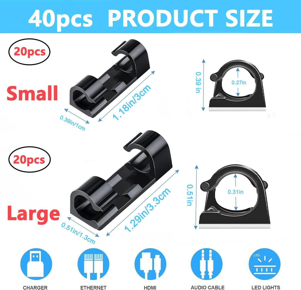 40PCS Cable Clips Black (Small & Large), Adhesive Cable Clips for Wall