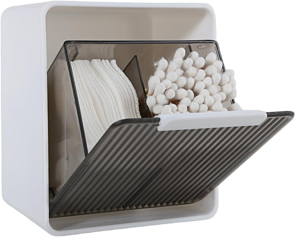 DASITON Wall Mounted Qtip Holder, Cotton Swab Storage Box with Lid, Bathroom Canister Organizer for Cotton Swabs, Balls, Pads, Floss Picks, Waterproof Bathroom Storage Container for Vanity (Grey S)
