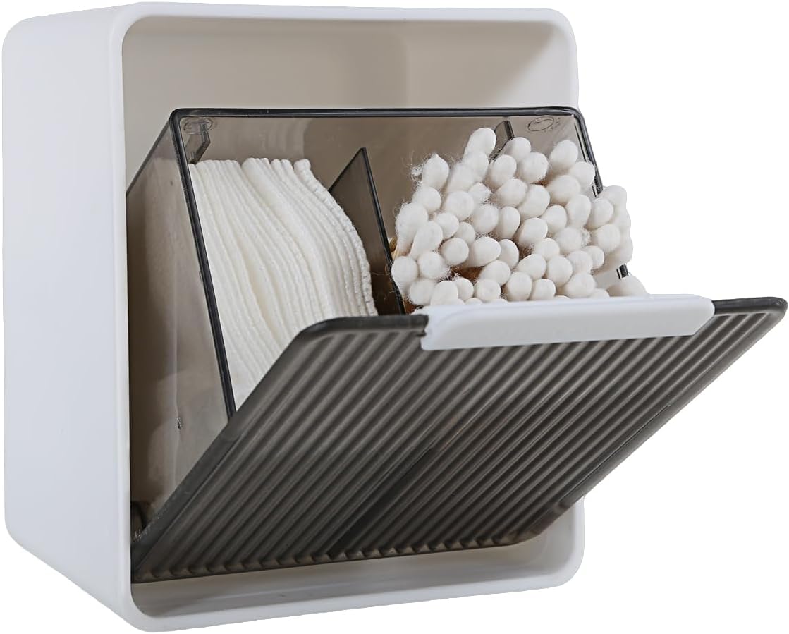 DASITON Wall Mounted Qtip Holder, Cotton Swab Storage Box with Lid, Bathroom Canister Organizer for Cotton Swabs, Balls, Pads, Floss Picks, Waterproof Bathroom Storage Container for Vanity (Grey S)