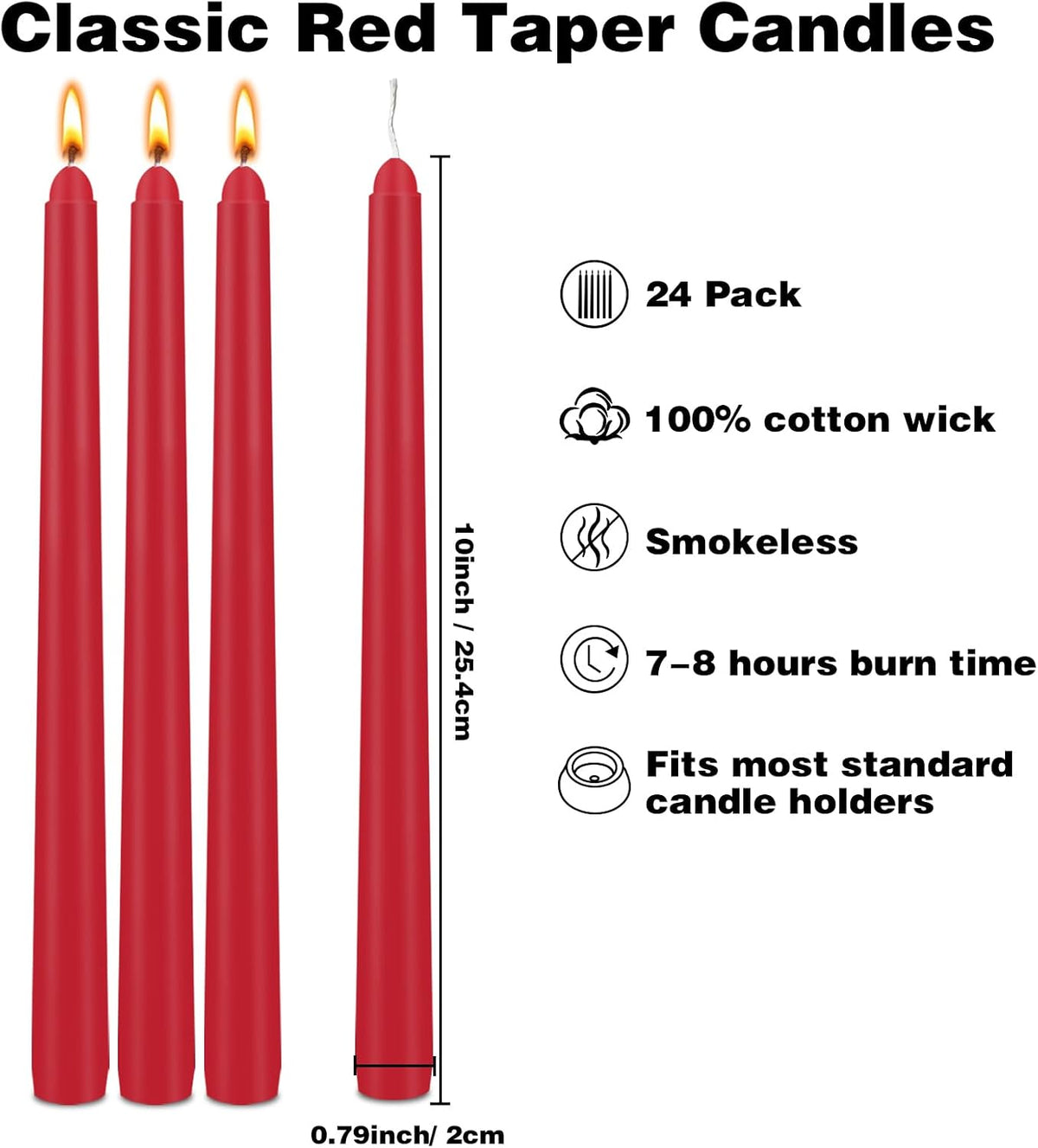 Red Taper Candles 24 Pack, 10 Inch Unscented Holiday Dinner Candles for Valentine's Day Table Decor, Wedding Centerpieces, Long-Lasting 7-8 Hour Burn Time, Premium Wax
