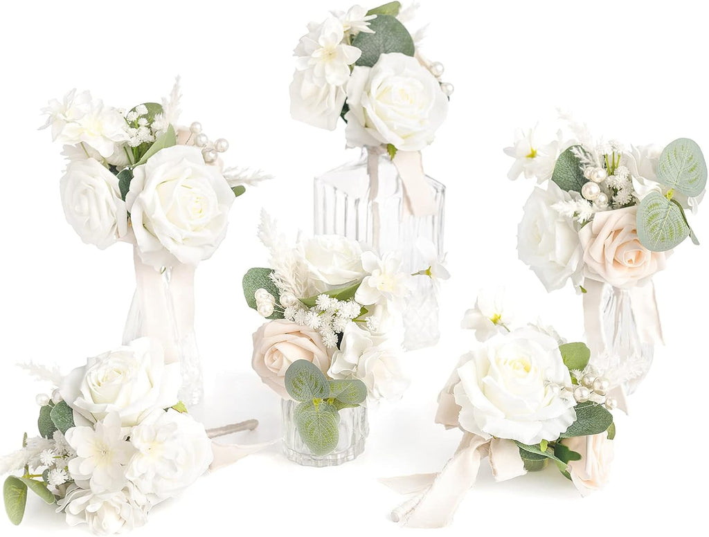 Ling's moment Wedding Flowers Mini Bridesmaid Bouquets, 6 Pcs White