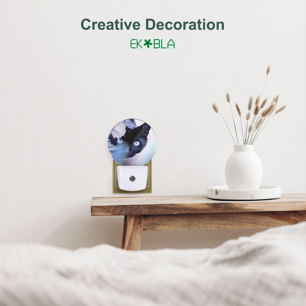 EKOBLA Cat and White Flower Night Light, Plug in Wall Light with Sensor