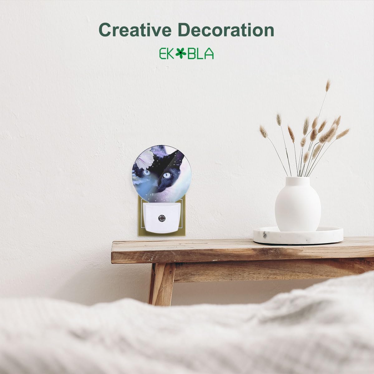 EKOBLA Cat and White Flower Night Light, Plug in Wall Light with Sensor