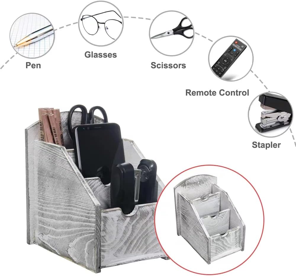 3 Slot Rustic Wooden Remote Control Frame Media Organizer, Office Supply Storage Rack,Pen storage box (Grey)