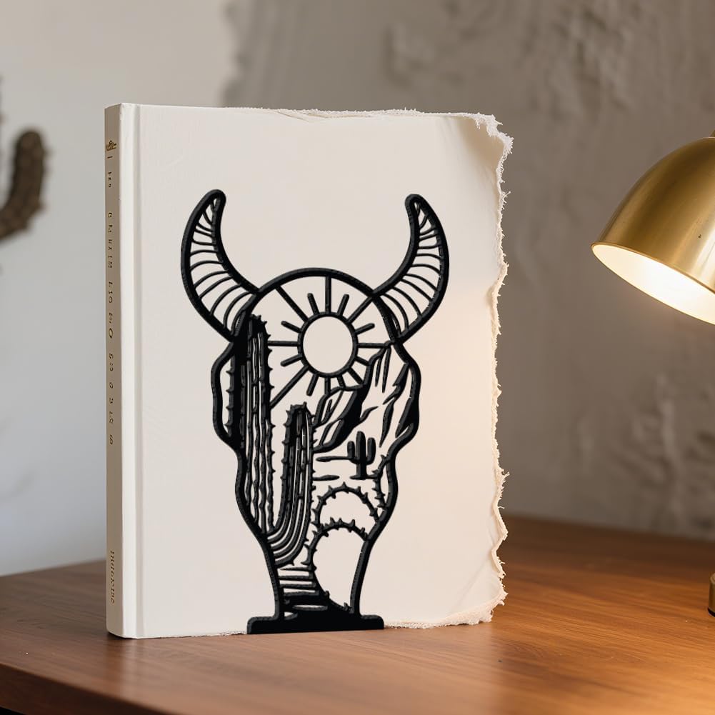 WADORN 1 Pair Western Cow Skull Metal Decorative Bookends, Vintage Cow Head Heavy Duty Book Stand Black Non-Skid Book Holder Stopper for Home Office School Library Desk Bookshelf Dorm Western Decor
