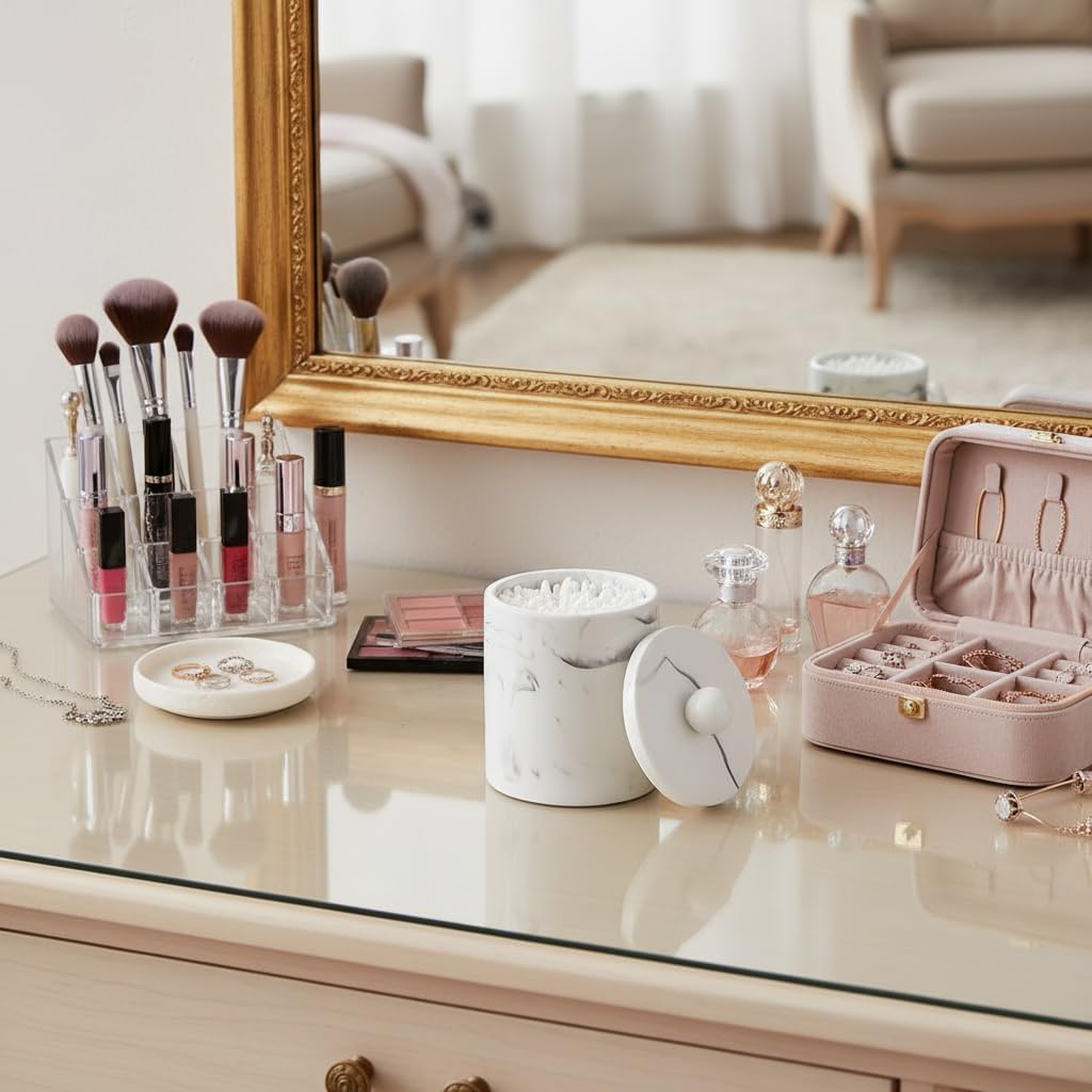 Marble Qtip Holder with Lid, White Resin Cotton Swab Container, Small Apothecary Storage Jars, Bathroom Q-Tip Holder for Cotton Balls, Swabs, Pads, Floss Picks