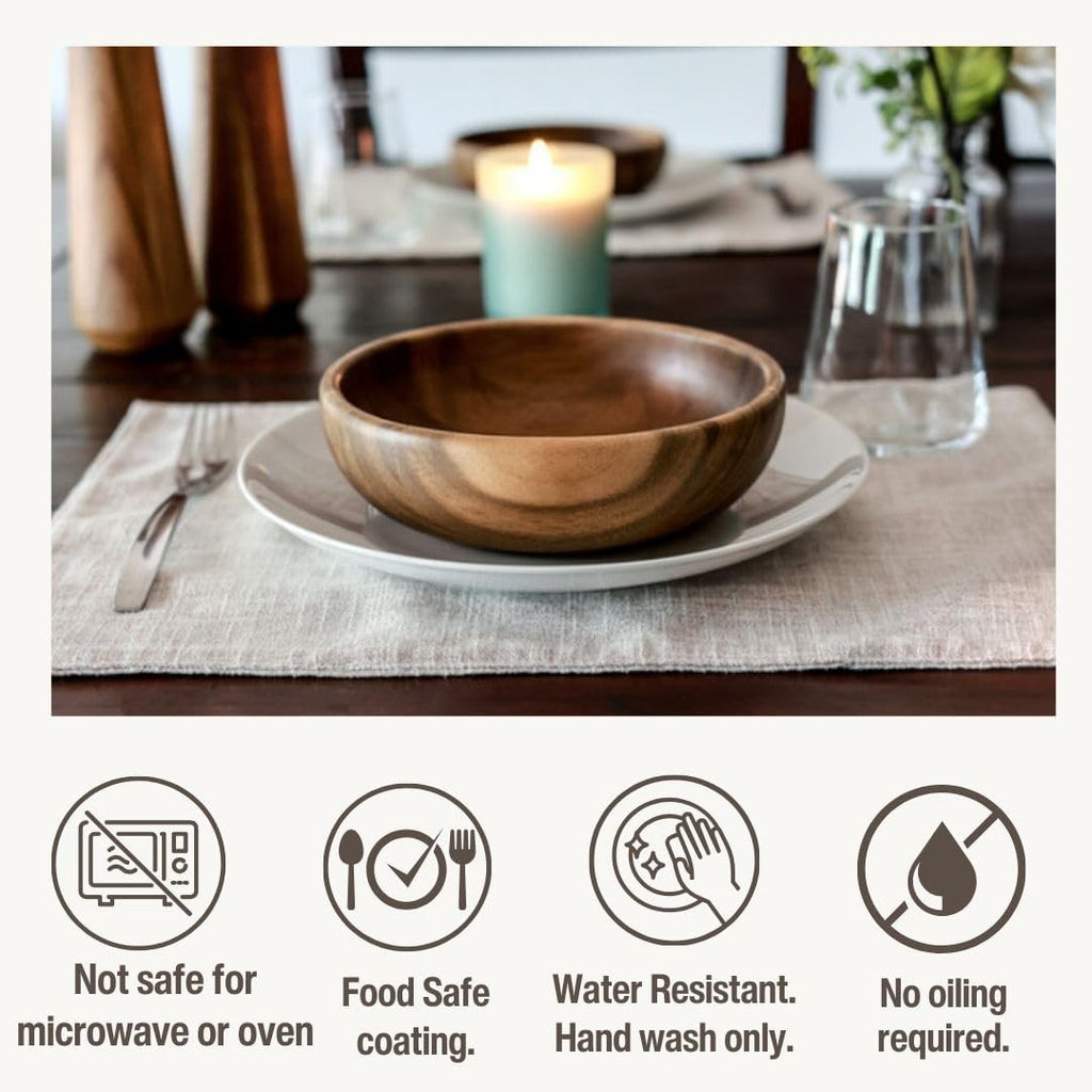 Rest&Rooted Acacia Decorative Wooden Bowls (2 Pcs) - Bowls for Food like Soup, Salad & So On - Water Resistant & Food Safe Wooden Salad Bowl Set - Perfect Nature-Friendly Modern Kitchen Decor (32 oz)