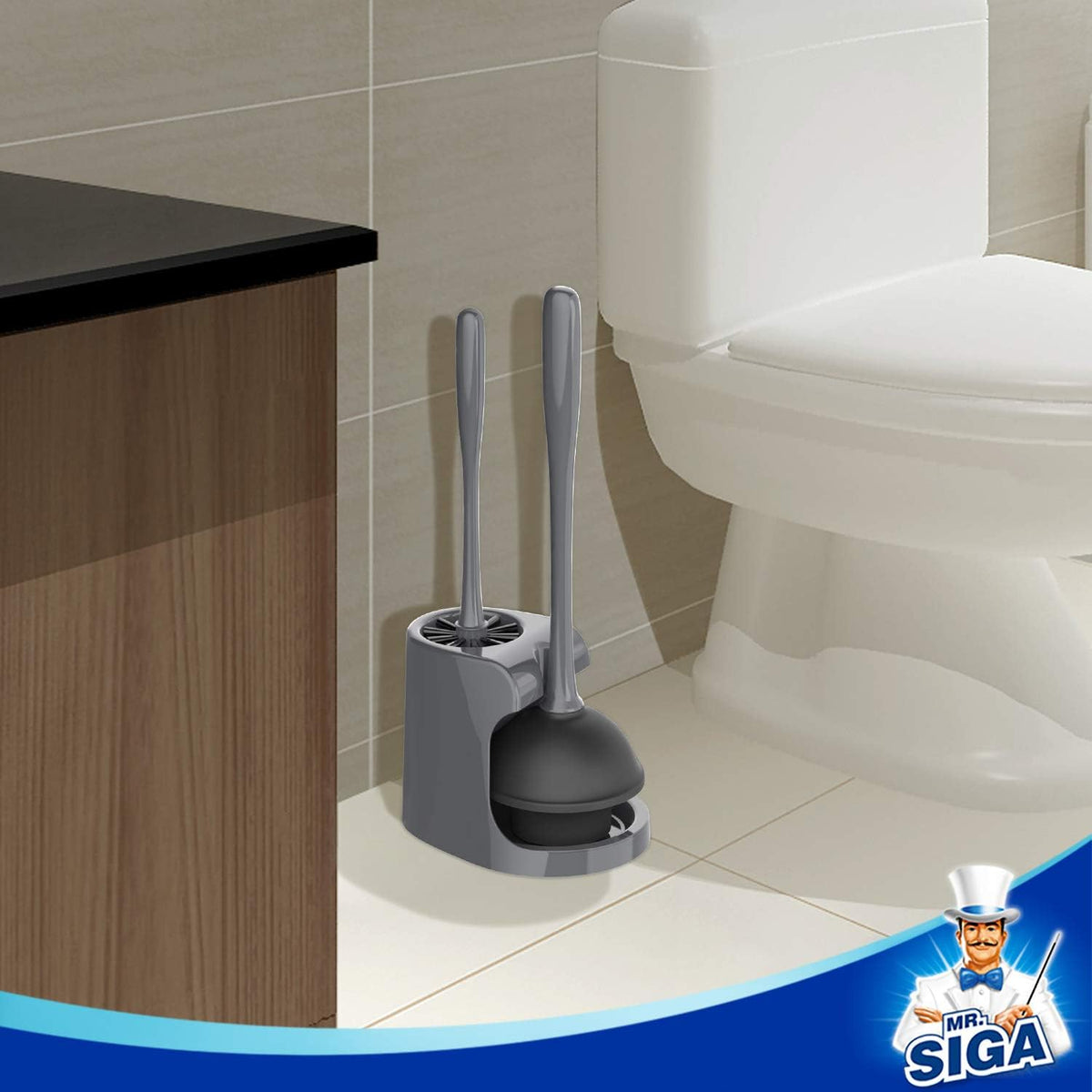 MR.SIGA Toilet Plunger and Bowl Brush Combo for Bathroom Cleaning, Gray