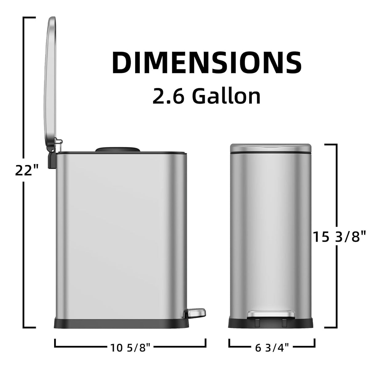 2.6 Gal Bathroom Trash Can with Soft Close Stay Open Lid, Small Rectangular 10L Stainless Steel Waste bin for Narrow Space, Waterproof, Matte Silver