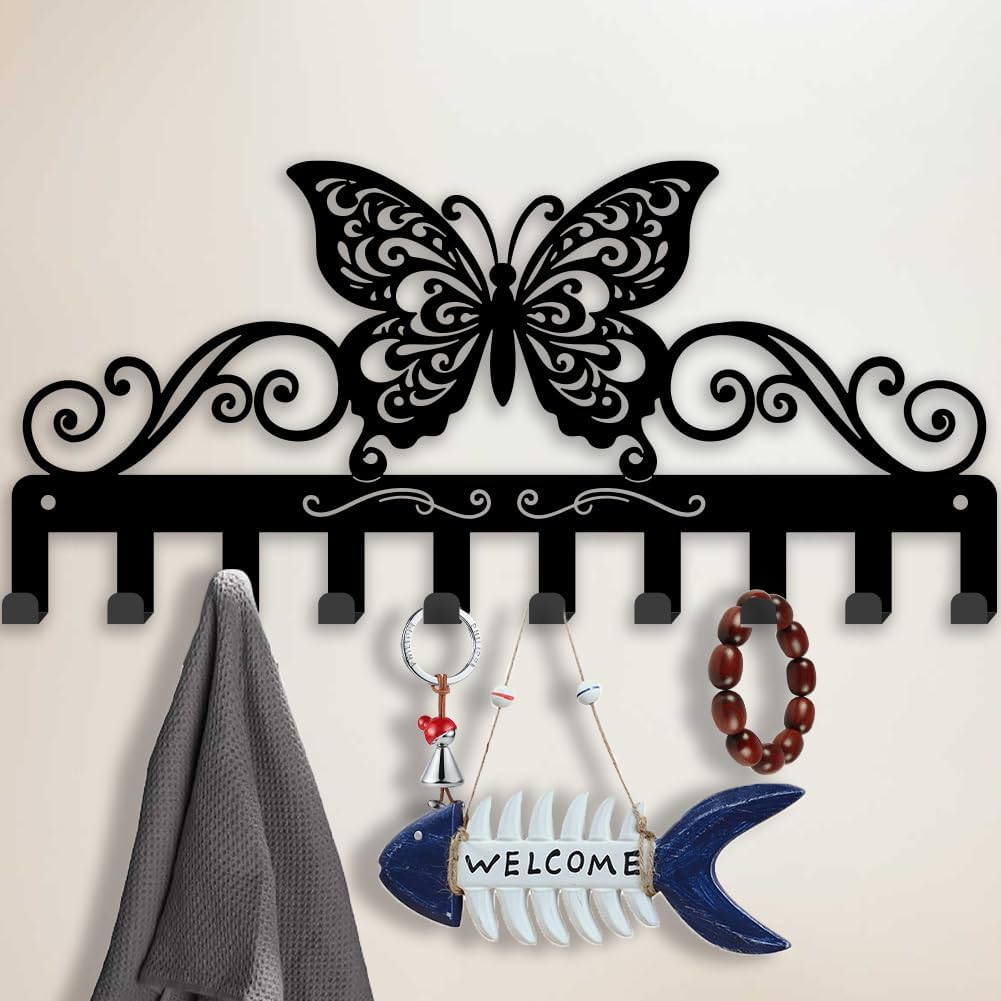 SUPERDANT Butterfly Metal Key Hook Curly Pattern Decorative 10 Hooks Black Key Hanger Organizer Wall Hanging Hooks Personalized Holder Rack Dog Leash Hanger for Home Wall Front Door 13x5.9in