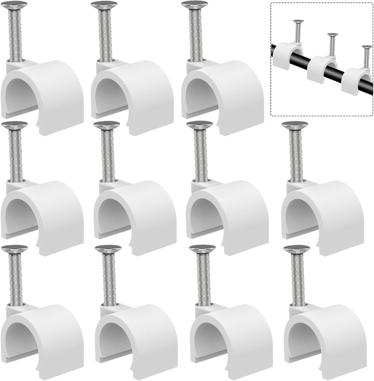 Cable Clips 10mm Nail in Cable Holder Clips 200 Pcs Wire Clips Coax Tacks Clips Speaker Wire Clips Cable Nails for Cords Cable Clamps Ethernet Cord Tacks RG6 RG59 CAT6 RJ45 Wall Wire Organizer