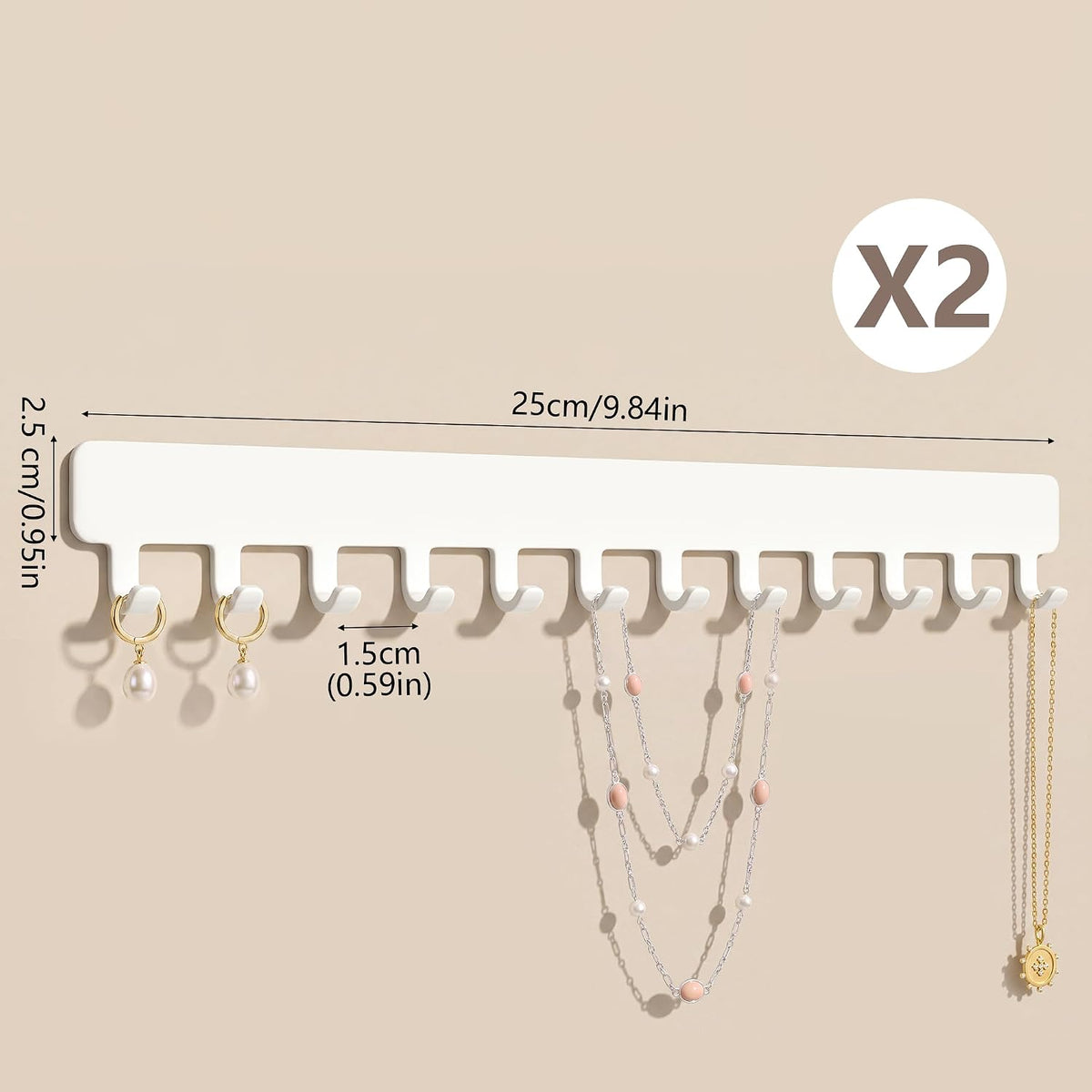 Self-Adhesive Necklace Holder, Wall Mounted Jewelry Organizer, White