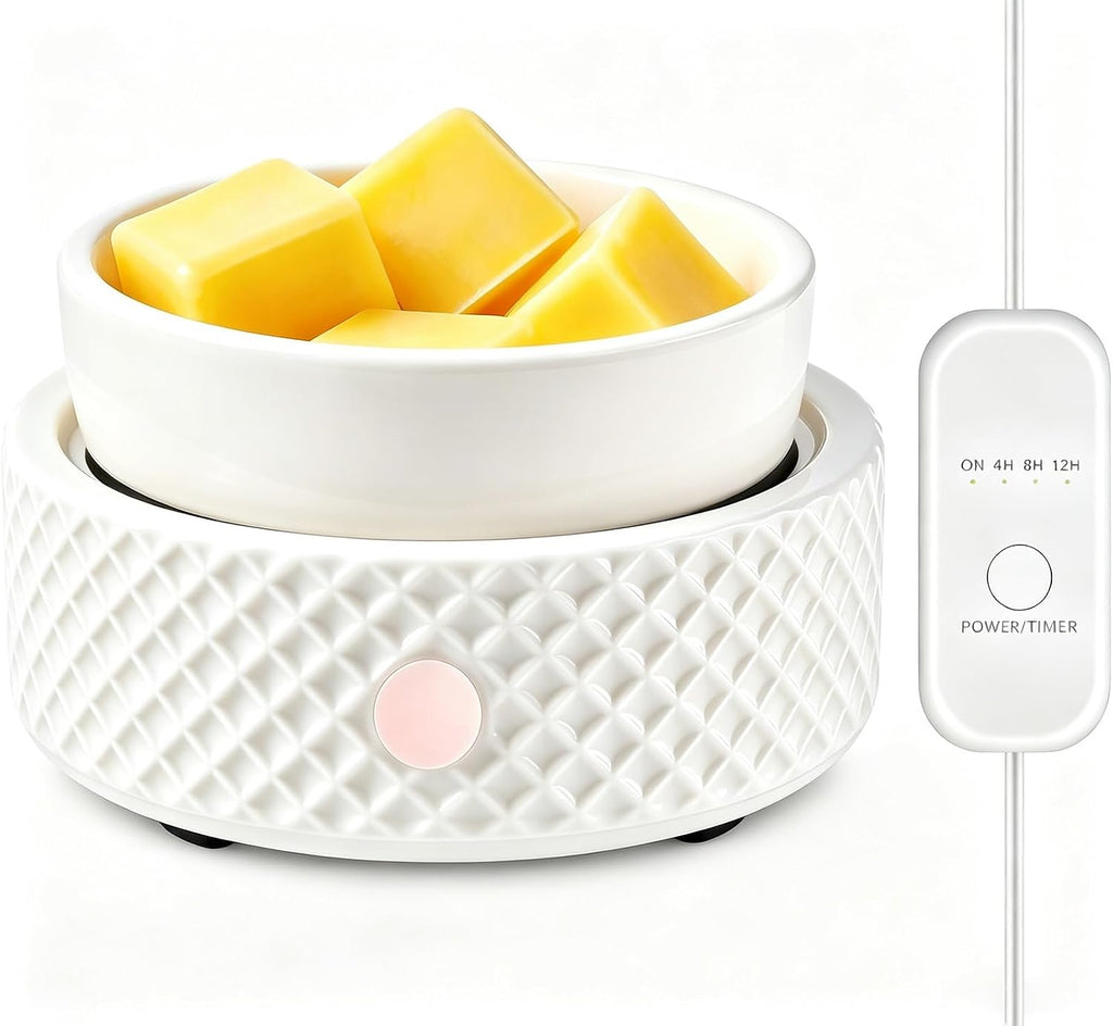 Wax Melt Burner Warmer with Timer Ceramic 4-in-1 Electric Candle Warmer Auto Shut-Off for Scented Wax Melts, Candle Jars, Essential Oil, Coffee Cup Warmer Home Decor Fragrance Gifts for Women - White