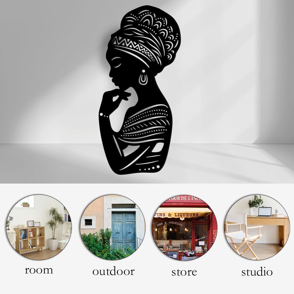 NBEADS Africa Woman Art Wall Decor, 11x5inch Iron Modern Wall Decor Female Home Hanging Drawing Wall Art Metal Wall Sculptures for Bedroom Living Room Black