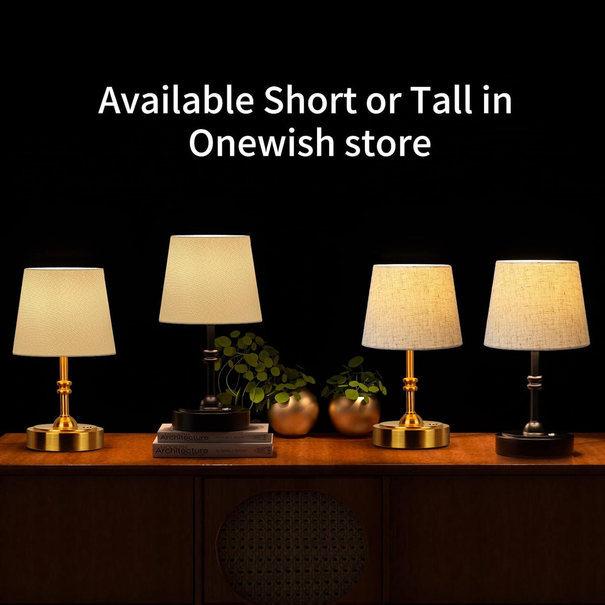ONEWISH Small Cordless Lamp, Battery Operated Table lamp Dimmable, 4000mAh Rechargeable, Touch Bedside Lamp with Beige Linen Fabric Shade, 2700K Bulb Included, for Dining, Patio, Bathroom(Gold)
