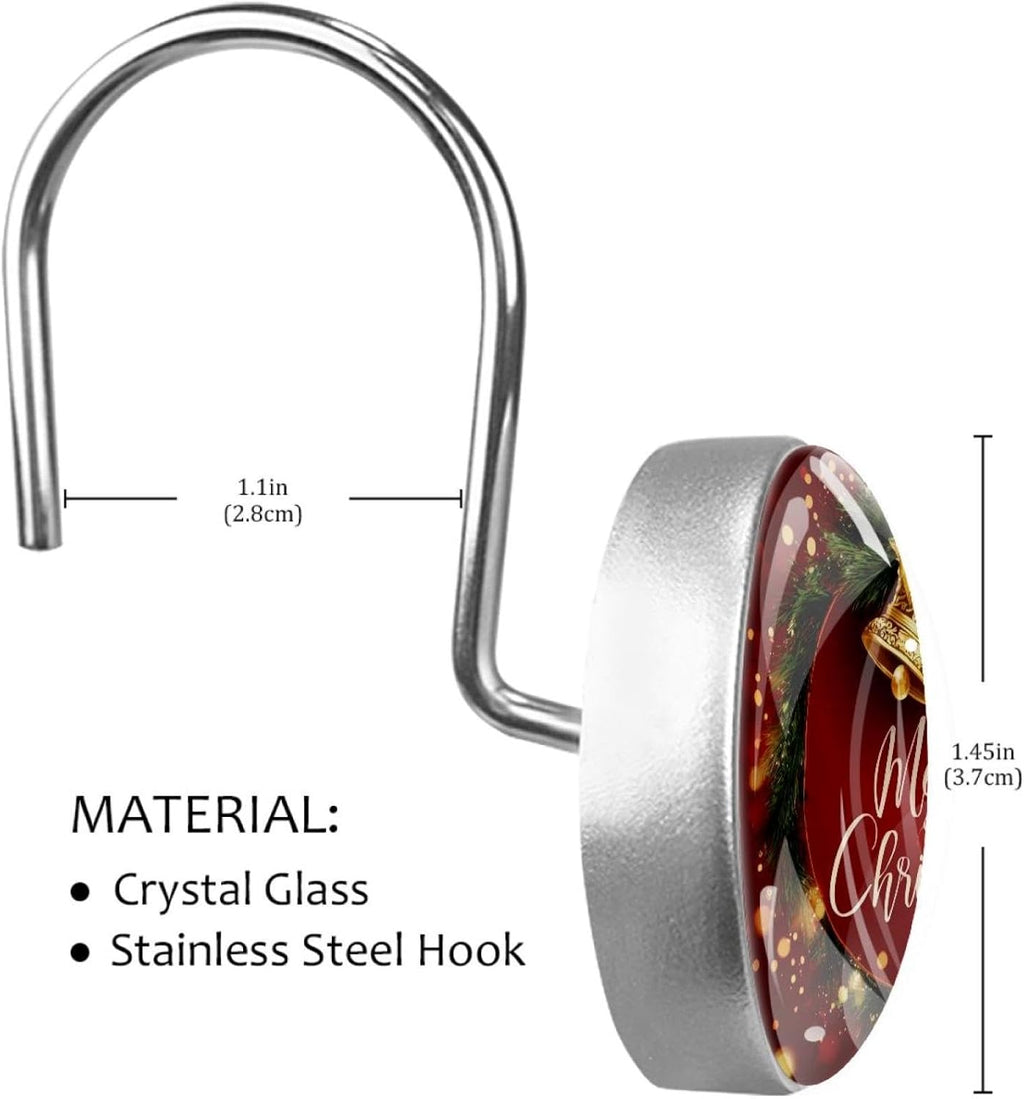 12 PCS Merry Christmas Shower Curtain Hooks, Rustproof Stainless Steel Decorative Shower Curtain Rings Hangers for Bathroom Living Room Bedroom Curtains Rods