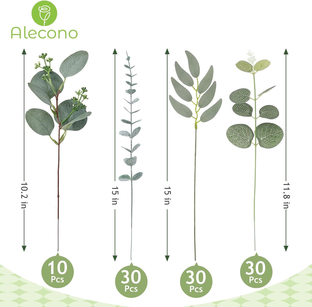 Alecono 100pcs Mixed Eucalyptus Leaves Stems Bulk, 4 Kinds Artificial Greenery Stems Faux Sliver Dollar Fake Greenery for Centerpieces Wedding DIY Bouquets Floral Arrangement Party Decor