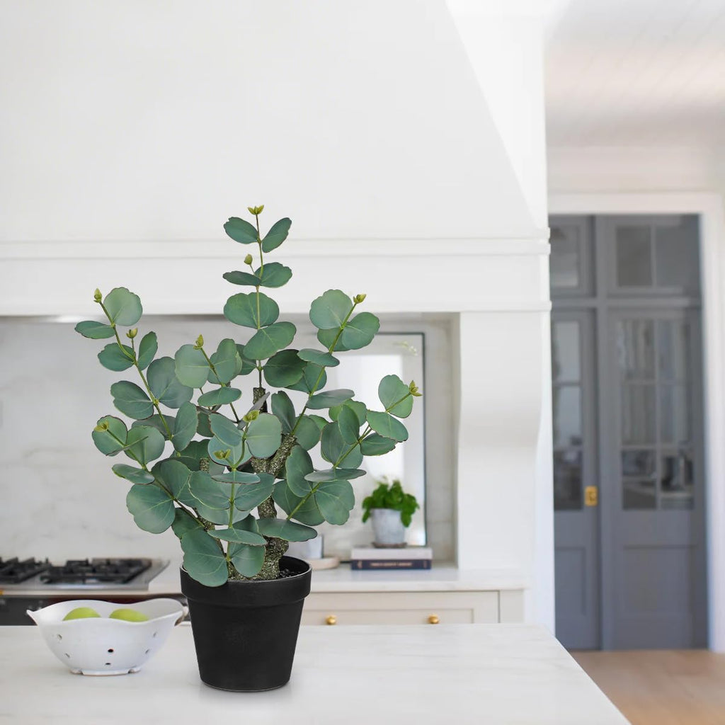 Artificial Plants Indoor with Pot, 18" Tall Faux Plants Indoor Silk Plant, Fake Potted Plant Small Eucalyptus Tree for Living Room Bathroom Kitchen Farmhouse Office Desk Table Shelf Decor, Green