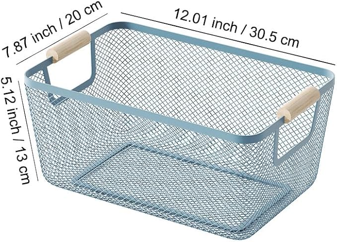 AJIODA Metal Mesh Steel Basket, Medium Wire Storage Organizer Basket Multi-function Hanging Kitchen Basket with Wood Handle for Kitchen Bathroom Picnic Home, Rectangle-Blue
