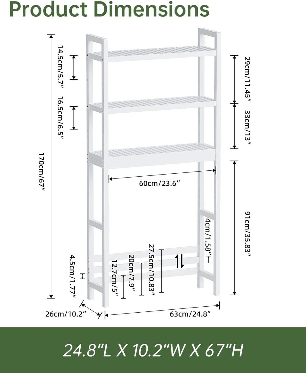 SMIBUY Bathroom Storage Shelf, Bamboo Over-The-Toilet Organizer Rack, Freestanding Toilet Space Saver with 3-Tier Adjustable Shelves (White)