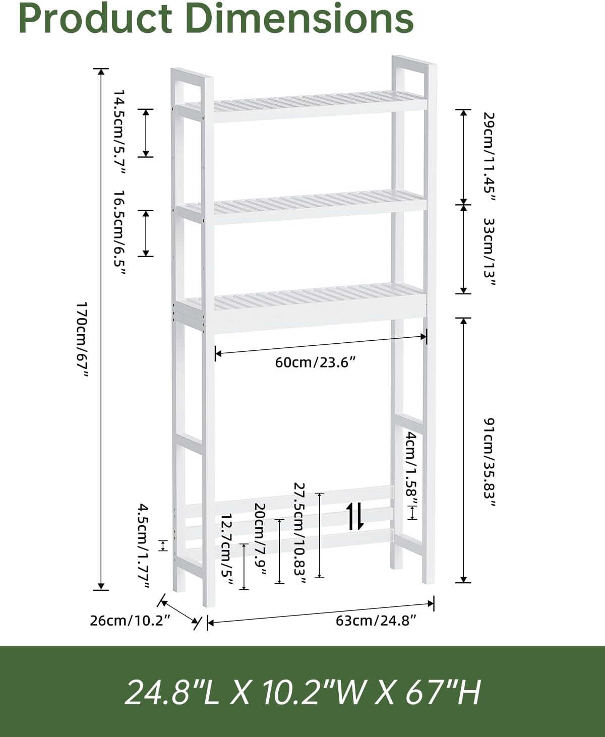 SMIBUY Bathroom Storage Shelf, Bamboo Over-The-Toilet Organizer Rack, Freestanding Toilet Space Saver with 3-Tier Adjustable Shelves (White)