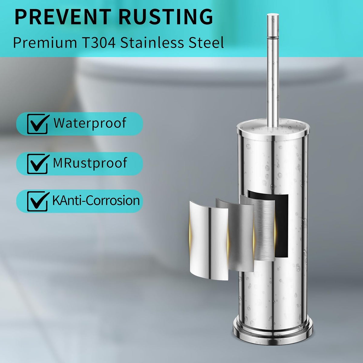 Toilet Brush and Holder Set,304 Stainless Steel Toilet Brush for Bathroom with Long Handle, Heavy Duty Toilet Bowl Brush,Removable Inner Bowl and Splash Protection,Deep Cleaning (Chrome01)